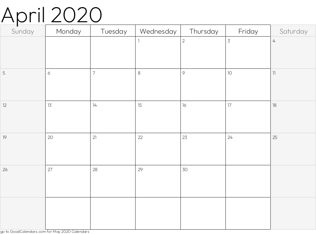 Shaded Weekends April 2020 Calendar Template in Landscape