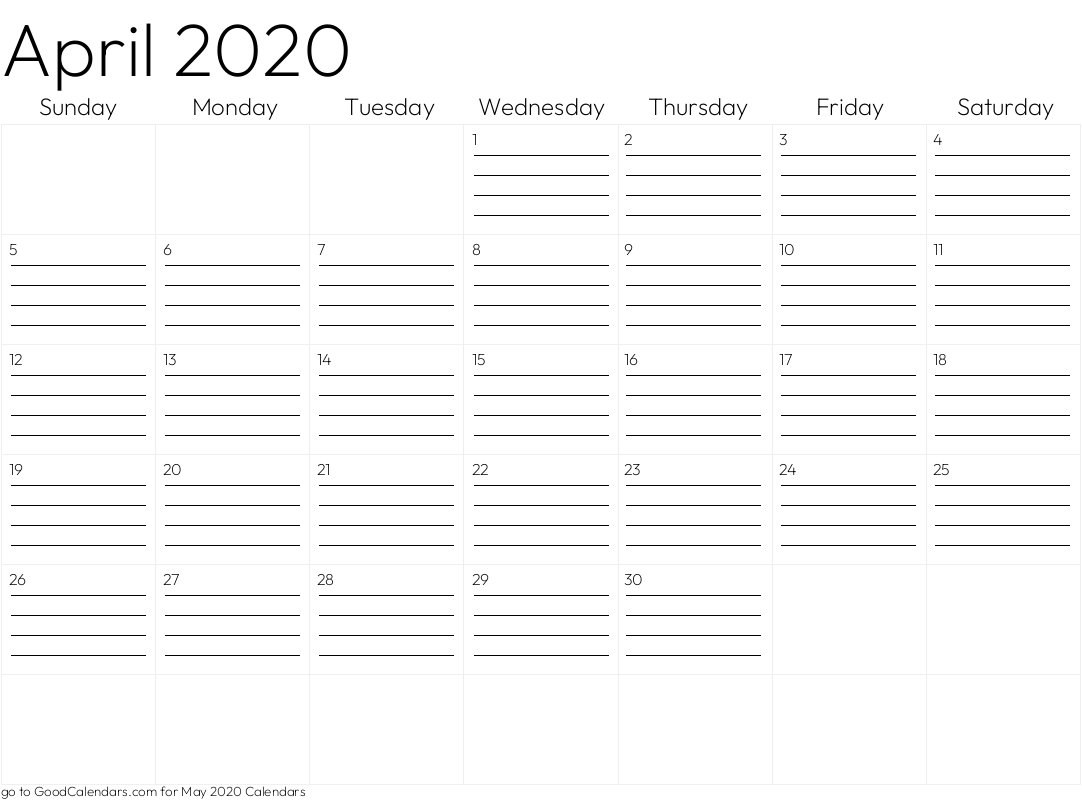 Lined April 2020 Calendar Template in Landscape