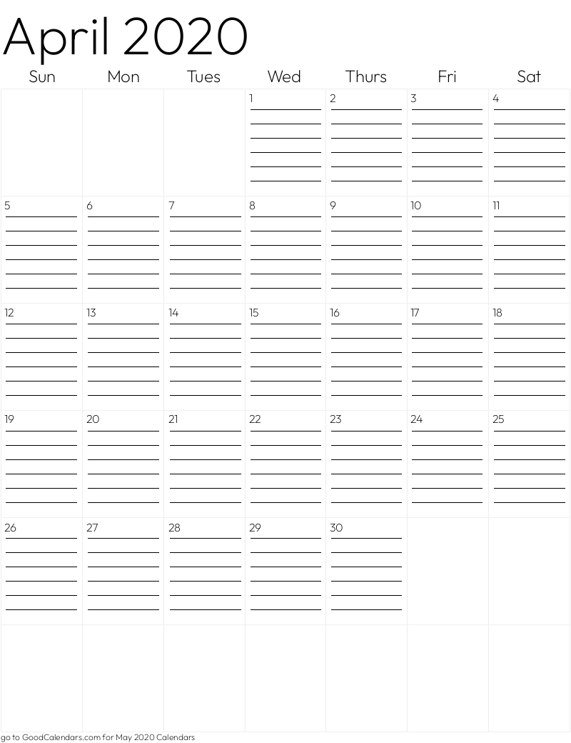 Lined April 2020 Calendar Template in Portrait