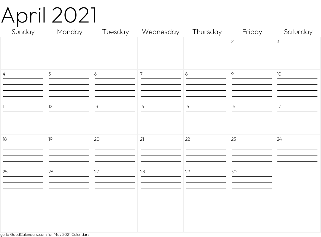 Lined April 2021 Calendar