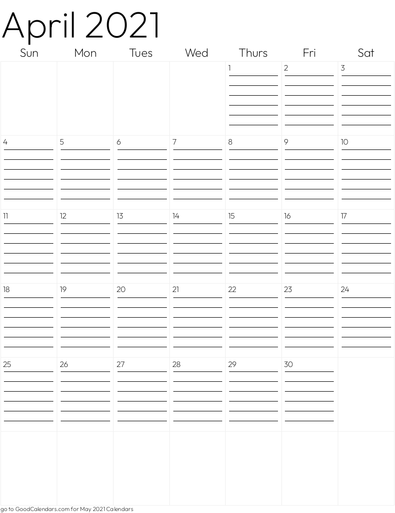 Lined April 2021 Calendar Template in Portrait