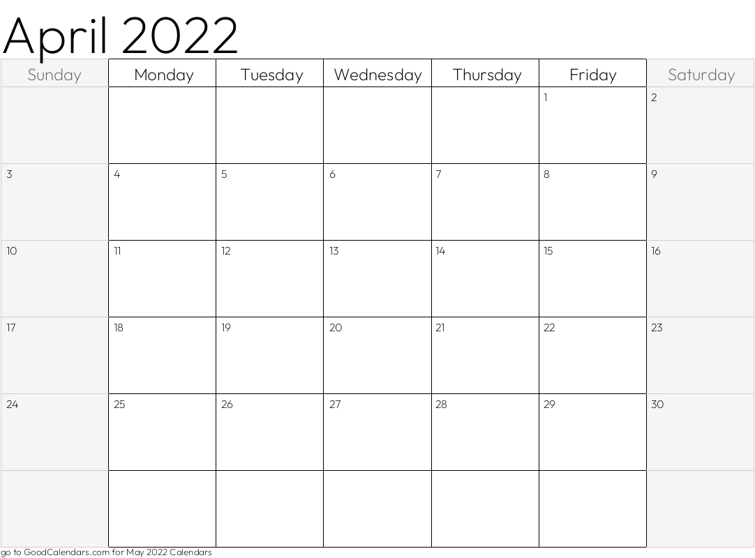 April 2022 Calendar with shaded weekends