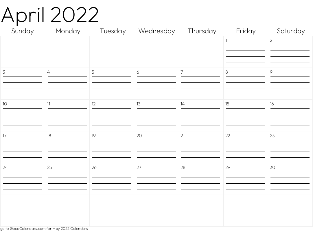 Lined April 2022 Calendar Template in Landscape