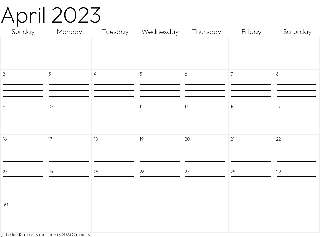 Lined April 2023 Calendar Template in Landscape