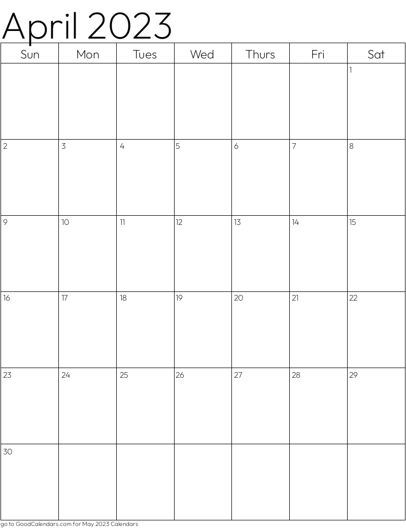 Standard April 2023 Calendar Template in Portrait