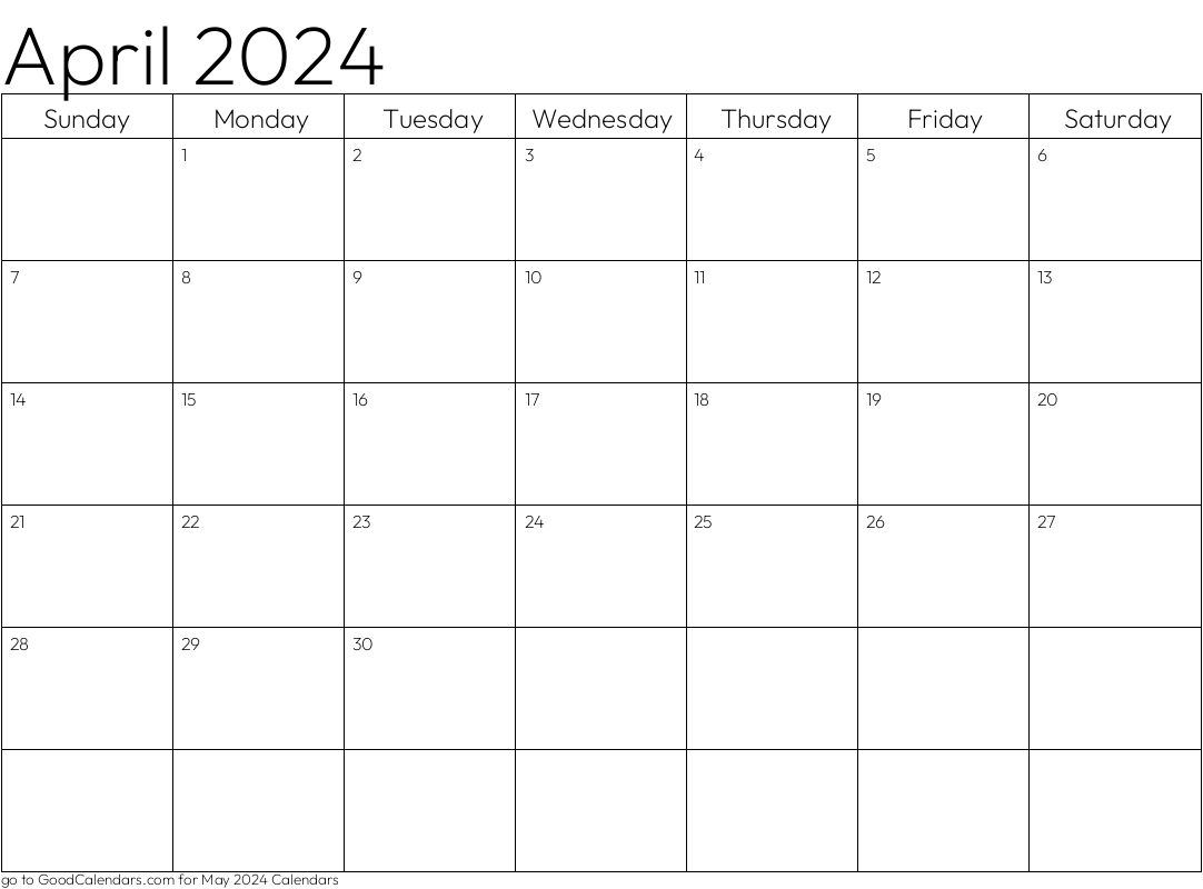 Standard April 2024 Calendar Template in Landscape
