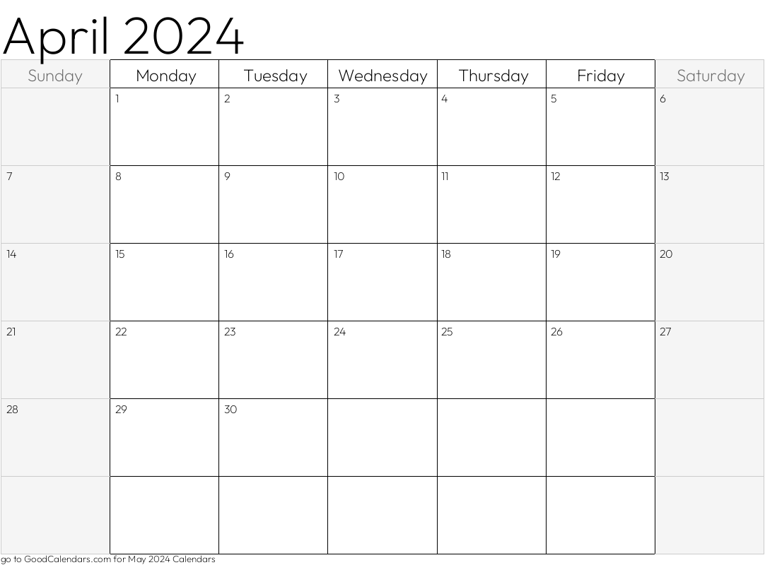 Shaded Weekends April 2024 Calendar Template in Landscape