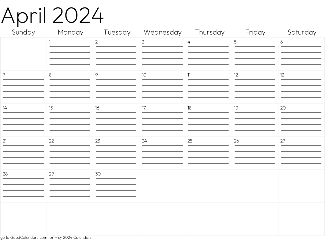 Lined April 2024 Calendar Template in Landscape