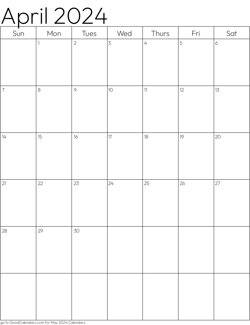 Standard April 2024 Calendar Template in Portrait