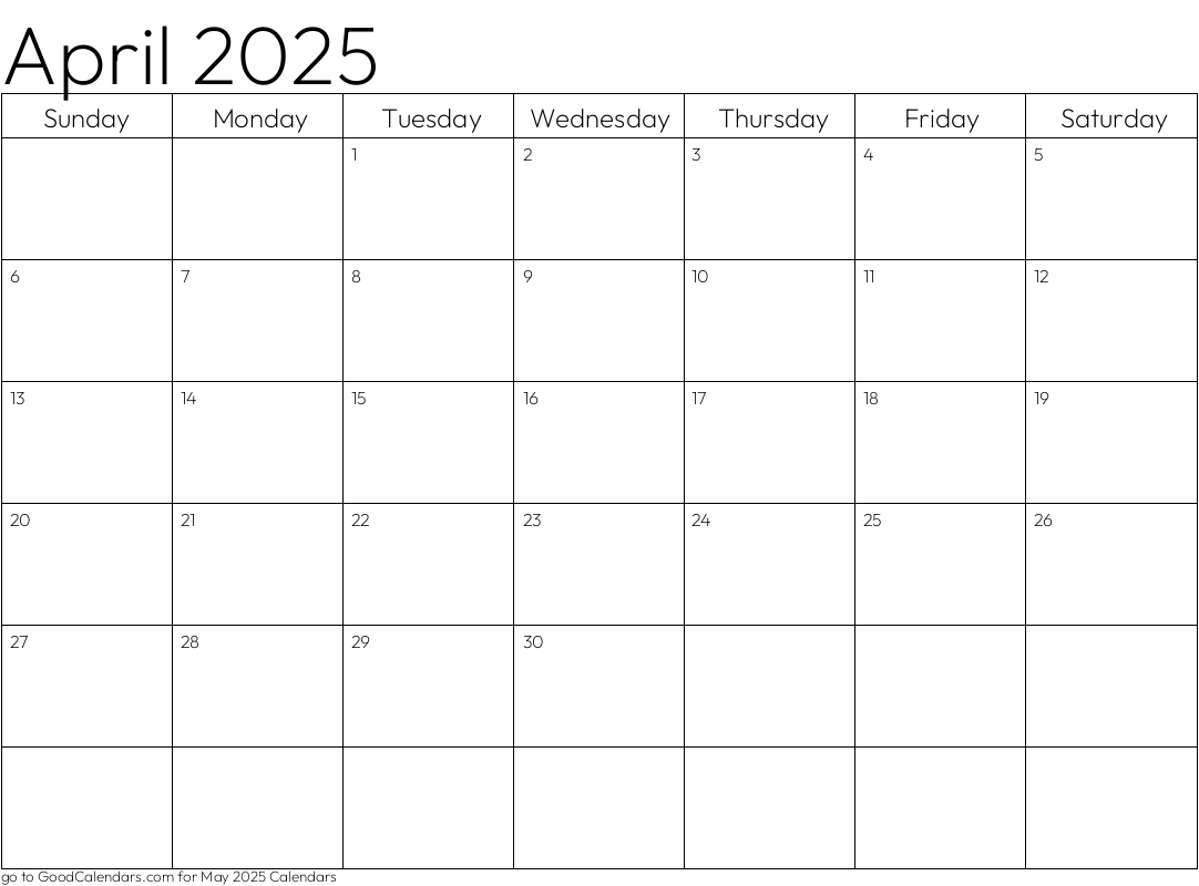 Standard April 2025 Calendar Template in Landscape