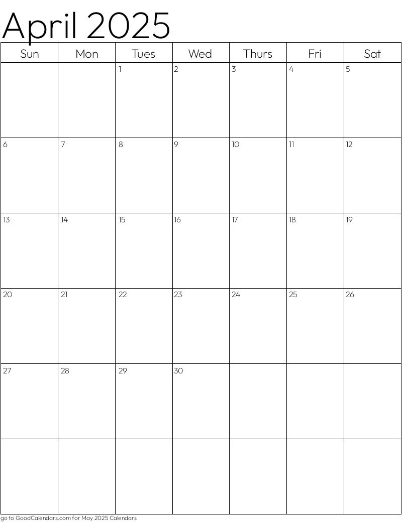 Standard April 2025 Calendar Template in Portrait