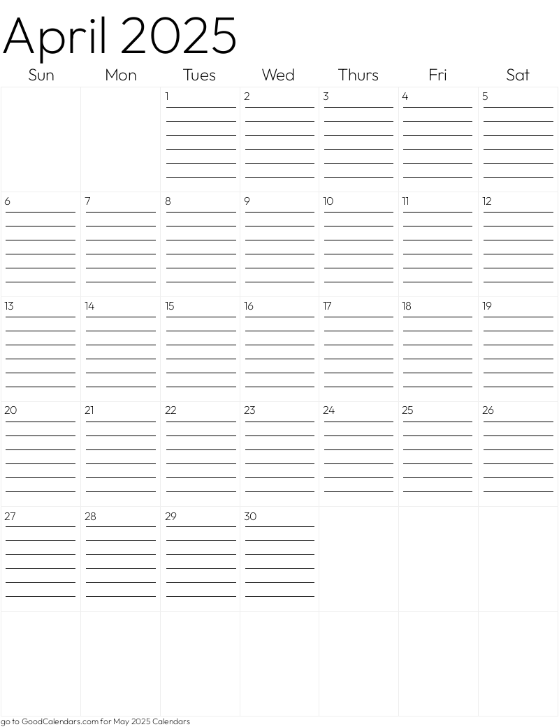 Lined April 2025 Calendar Template in Portrait