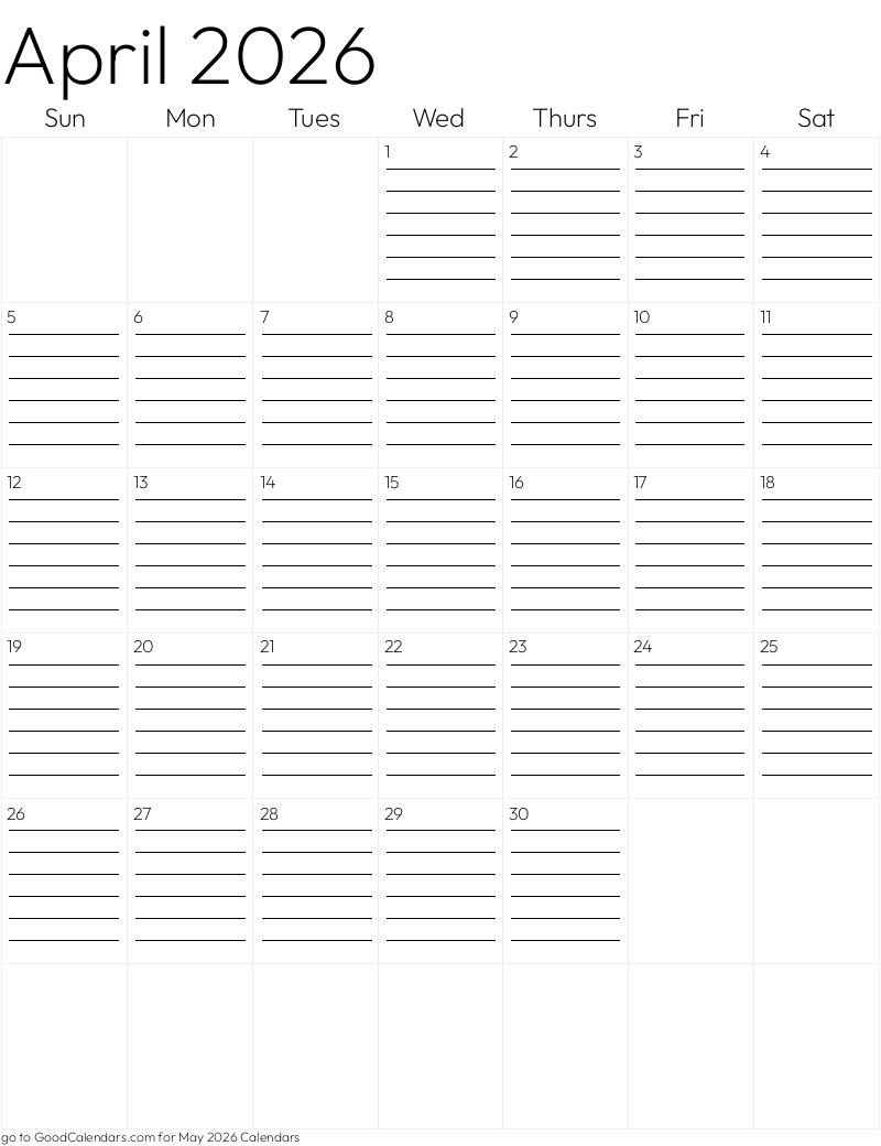 Lined April 2026 Calendar Template in Portrait