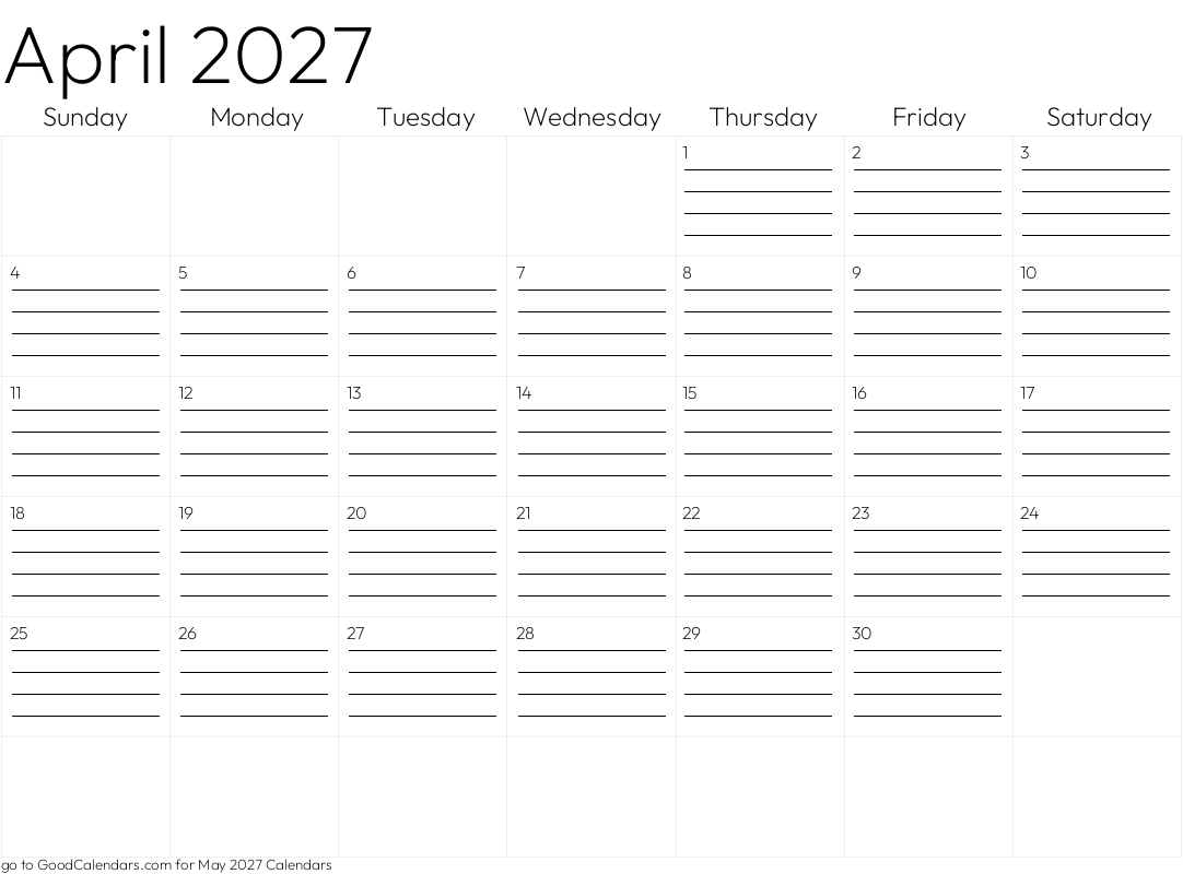 Lined April 2027 Calendar Template in Landscape