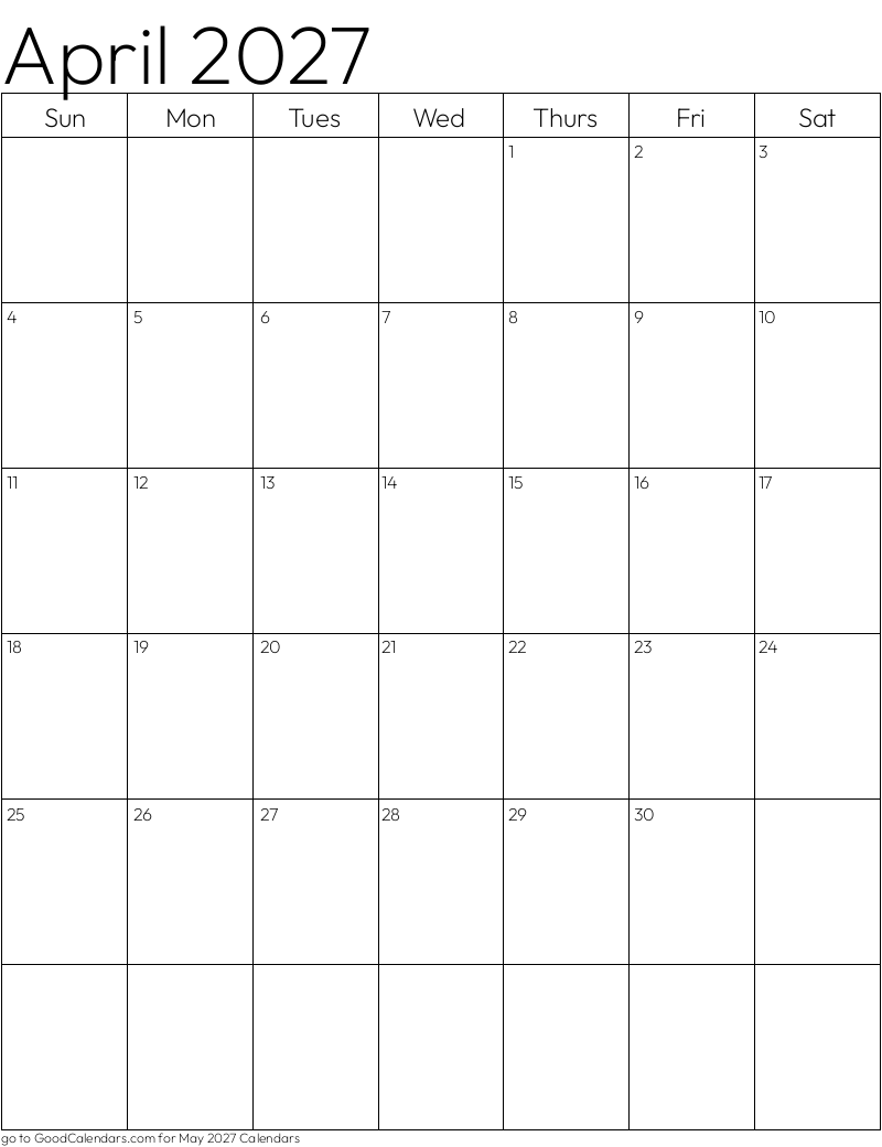 Standard April 2027 Calendar Template in Portrait