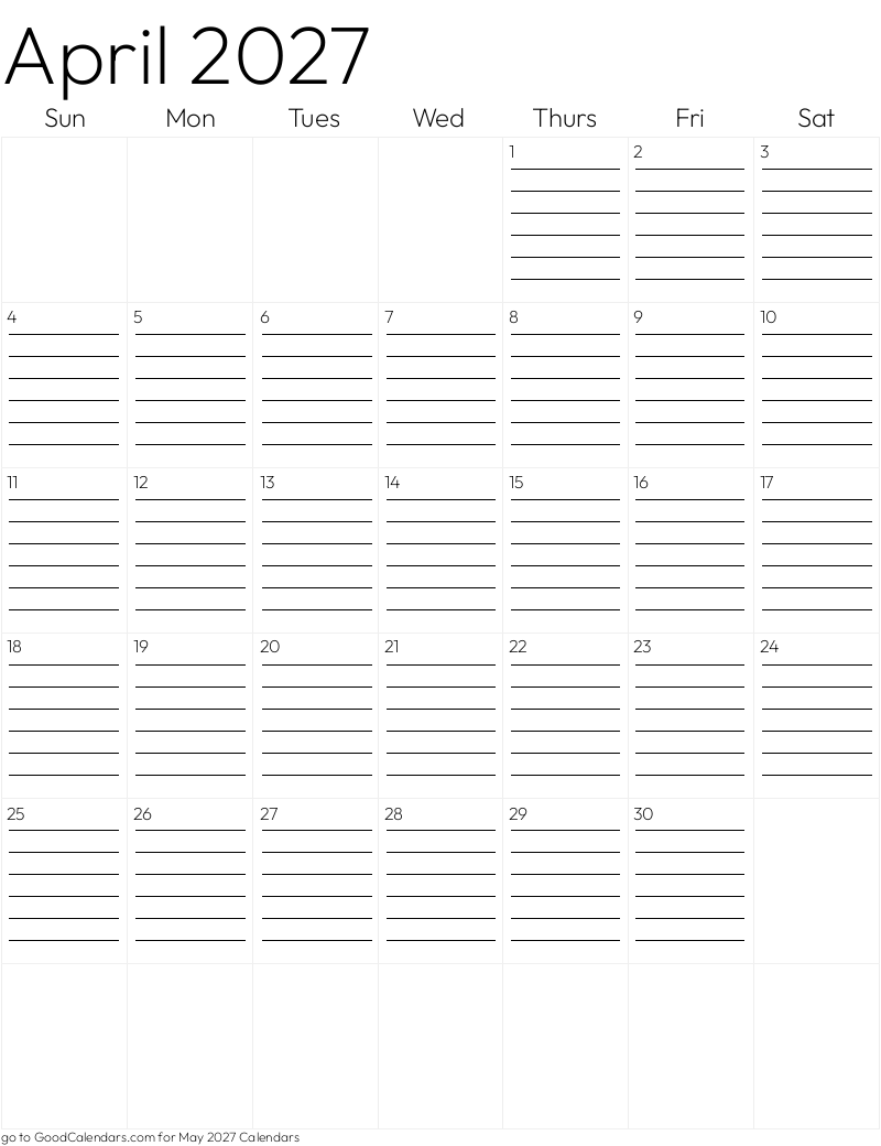 Lined April 2027 Calendar Template in Portrait