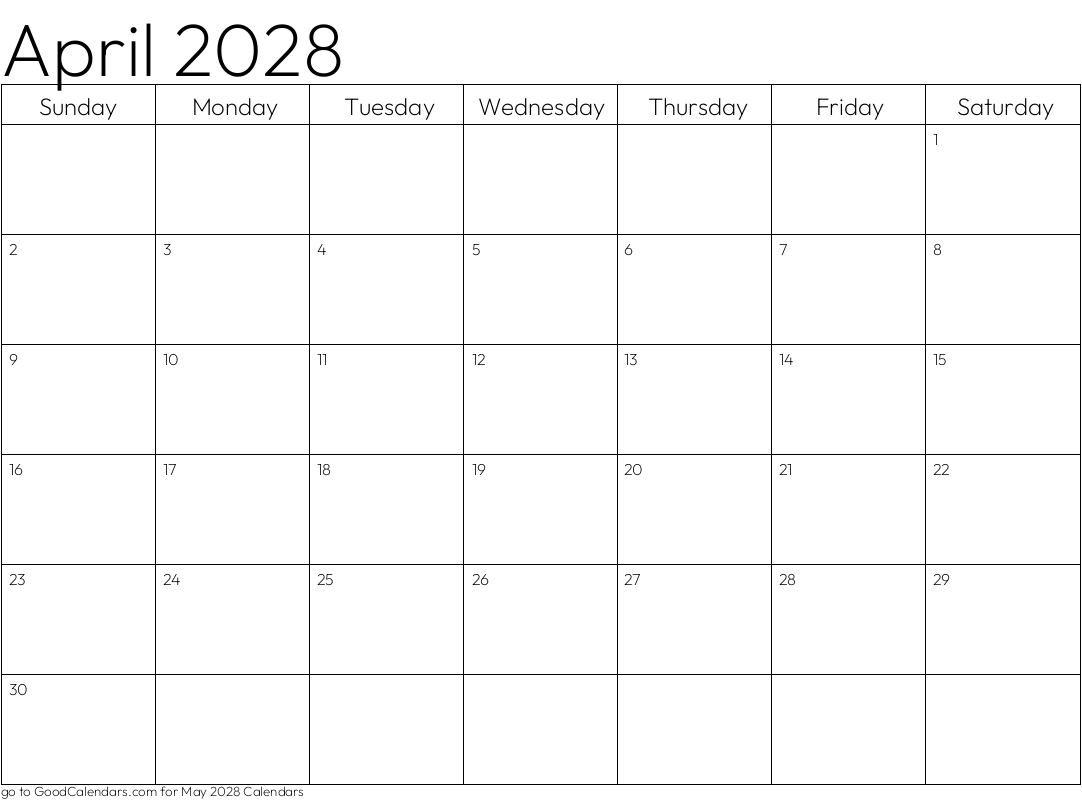 Standard April 2028 Calendar Template in Landscape