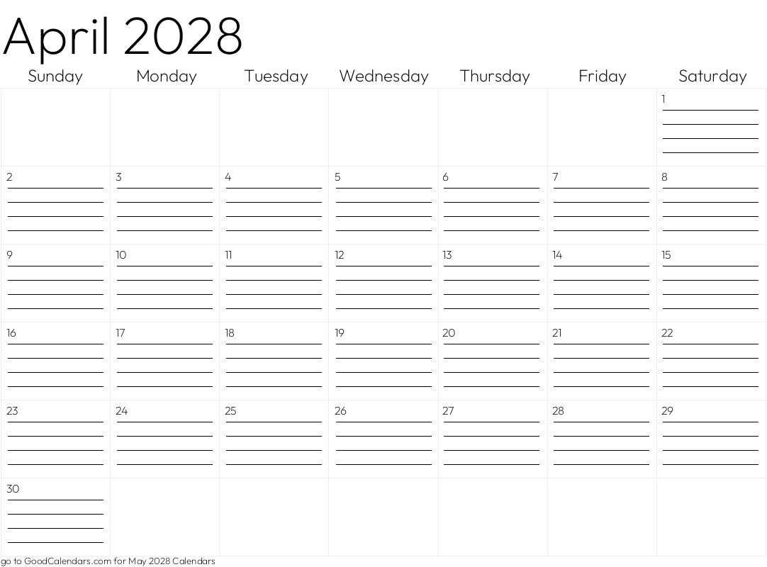 Lined April 2028 Calendar Template in Landscape