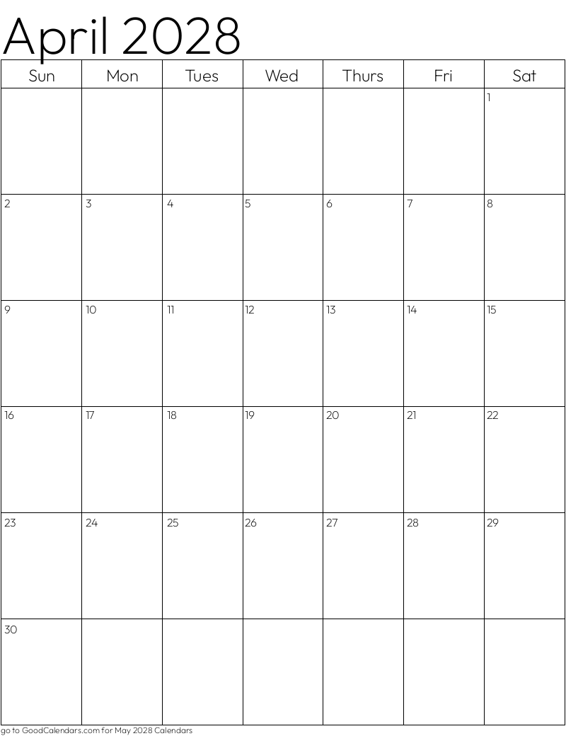 Standard April 2028 Calendar Template in Portrait