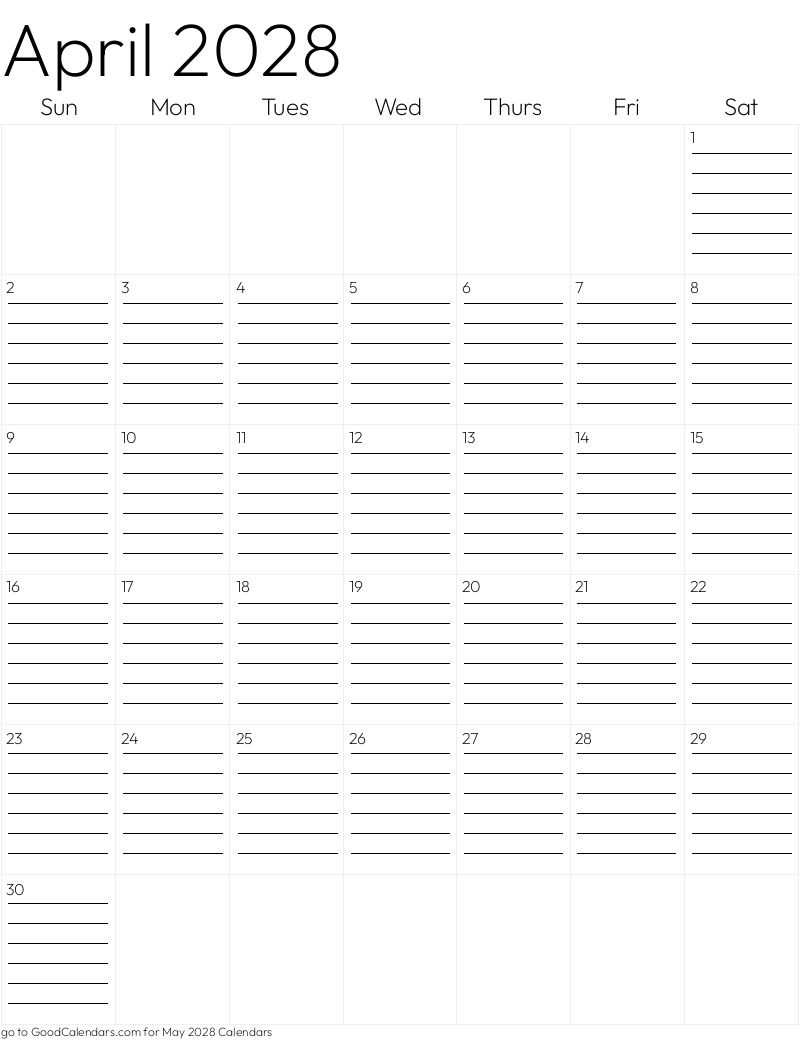 Lined April 2028 Calendar Template in Portrait