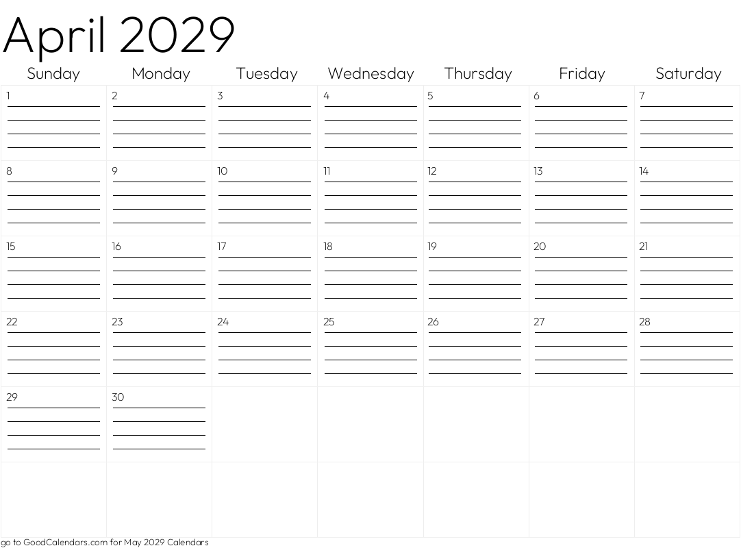 Lined April 2029 Calendar Template in Landscape