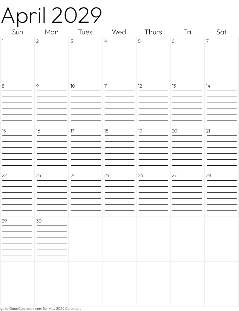 Lined April 2029 Calendar Template in Portrait