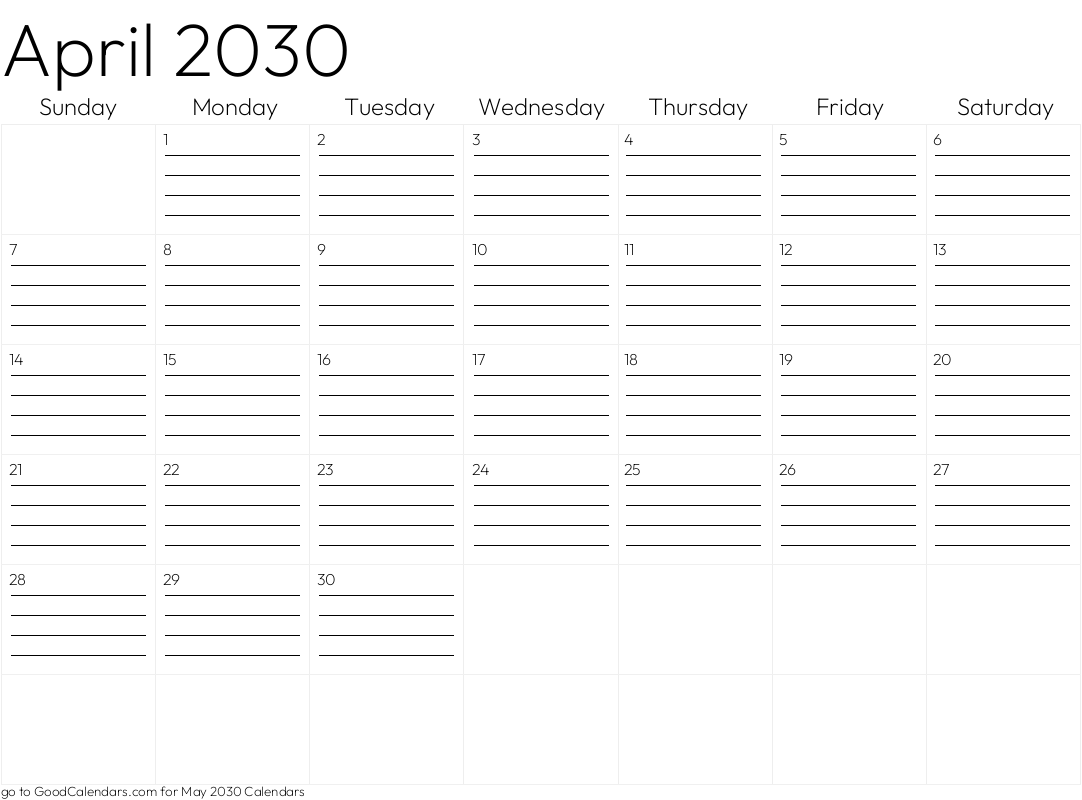 Lined April 2030 Calendar Template in Landscape