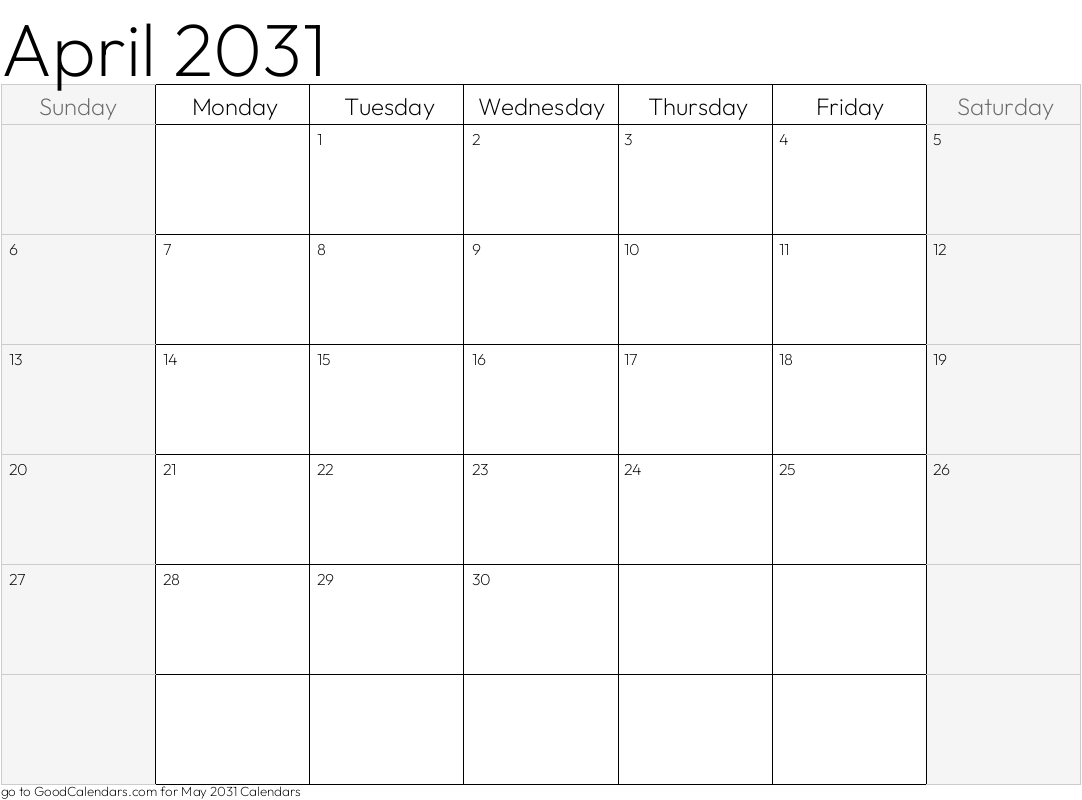 Shaded Weekends April 2031 Calendar Template in Landscape