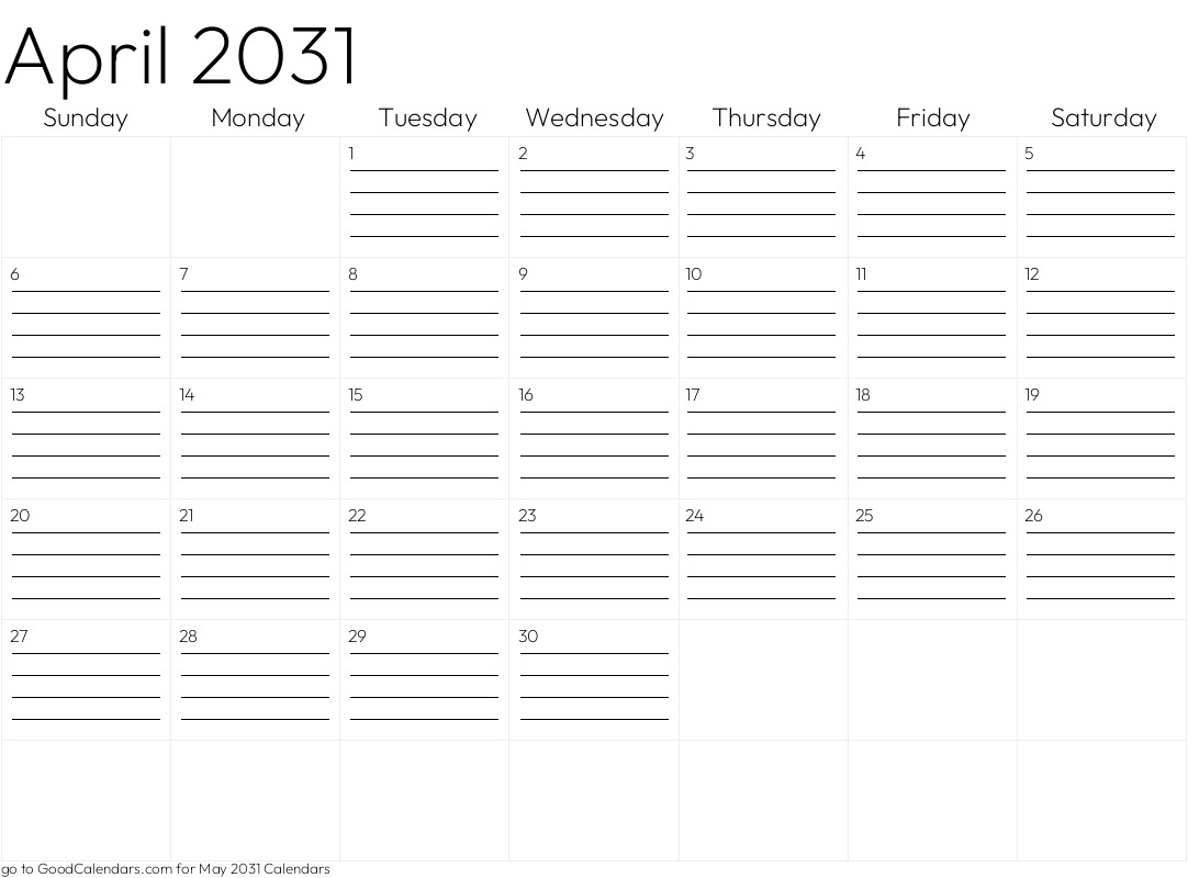 Lined April 2031 Calendar Template in Landscape