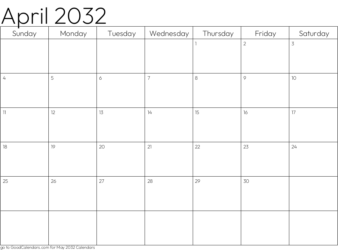 Standard April 2032 Calendar