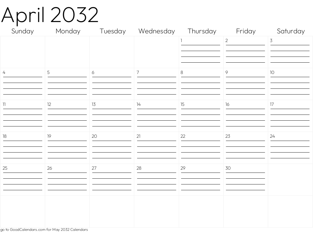 Lined April 2032 Calendar Template in Landscape