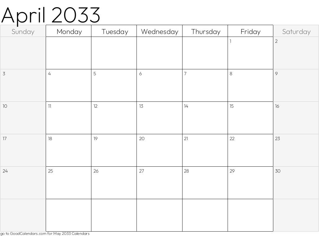 Shaded Weekends April 2033 Calendar Template in Landscape