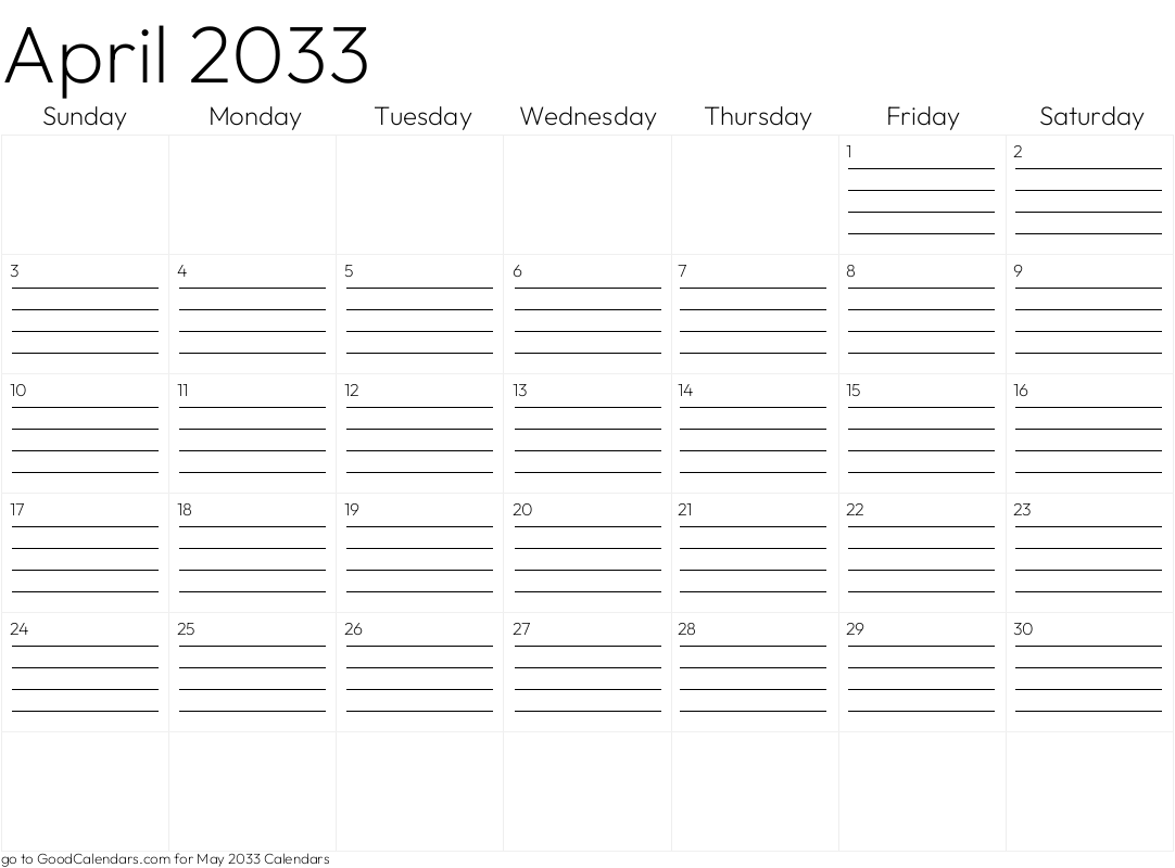 Lined April 2033 Calendar Template in Landscape