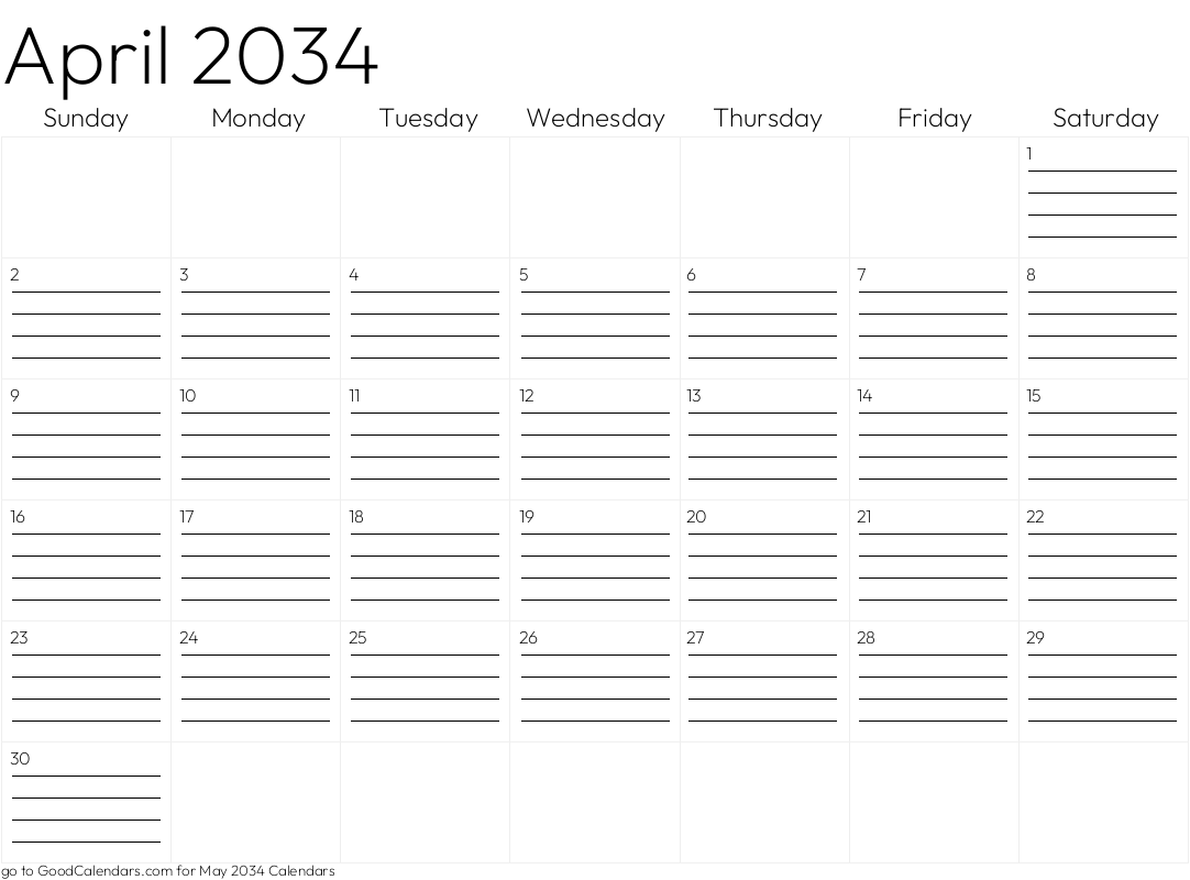 Lined April 2034 Calendar Template in Landscape