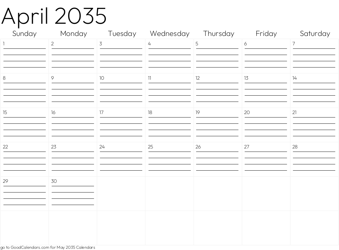 Lined April 2035 Calendar Template in Landscape