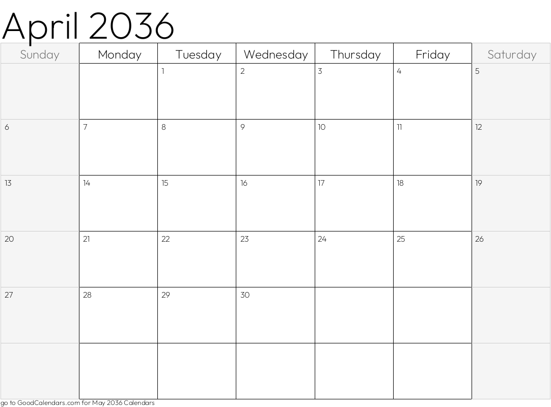 Shaded Weekends April 2036 Calendar Template in Landscape