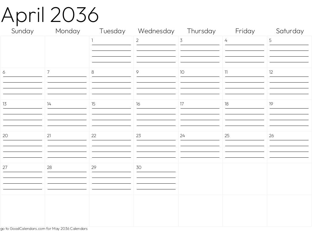 Lined April 2036 Calendar Template in Landscape