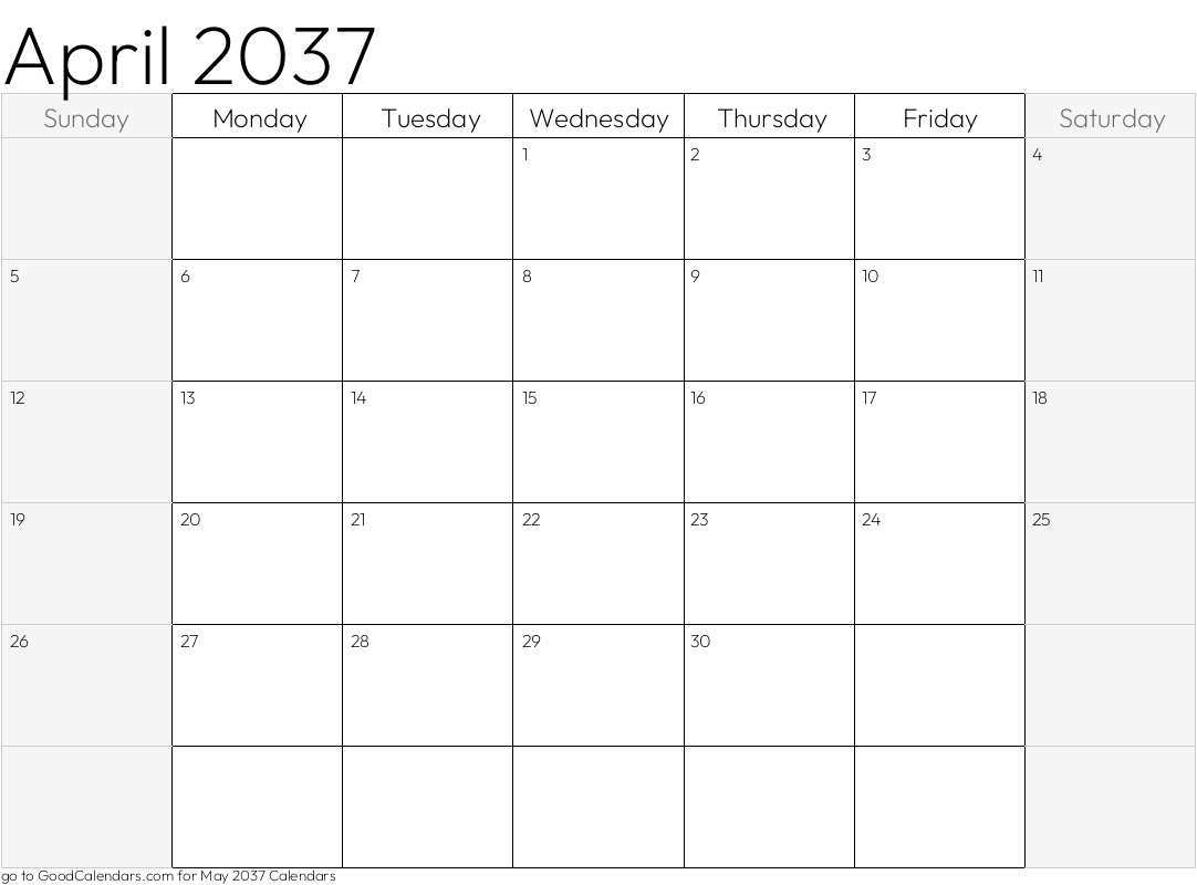 Shaded Weekends April 2037 Calendar Template in Landscape