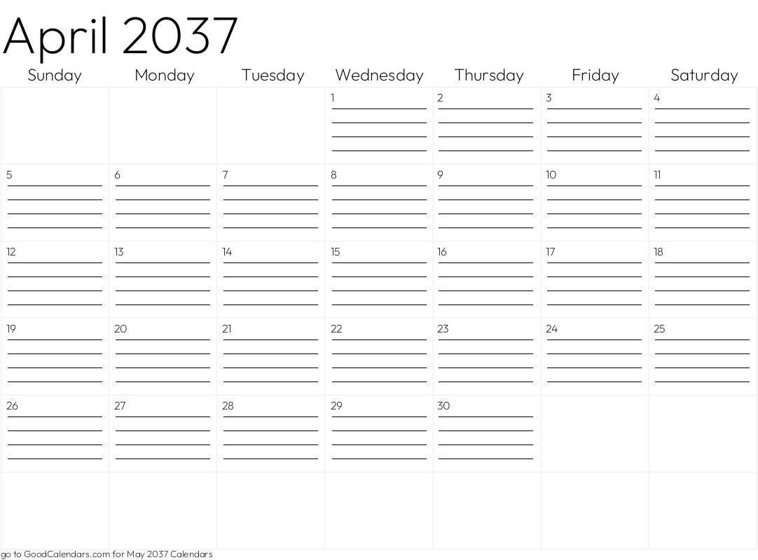 Lined April 2037 Calendar Template in Landscape