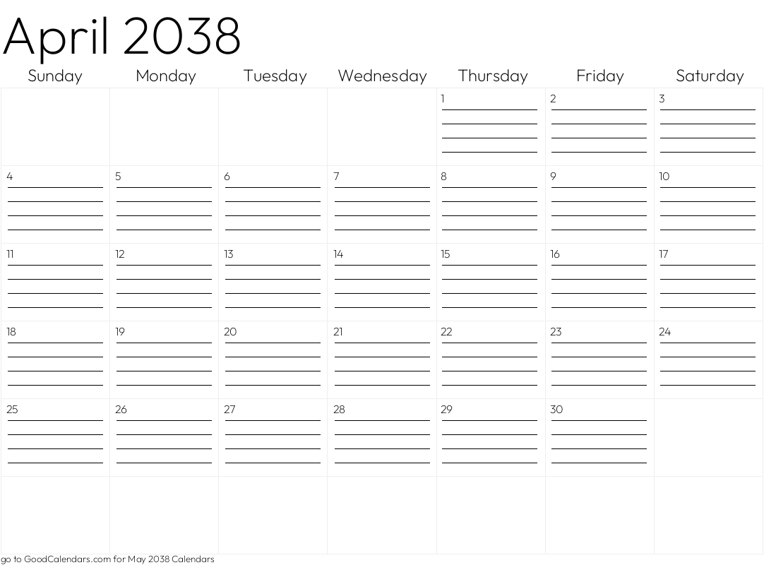 Lined April 2038 Calendar Template in Landscape