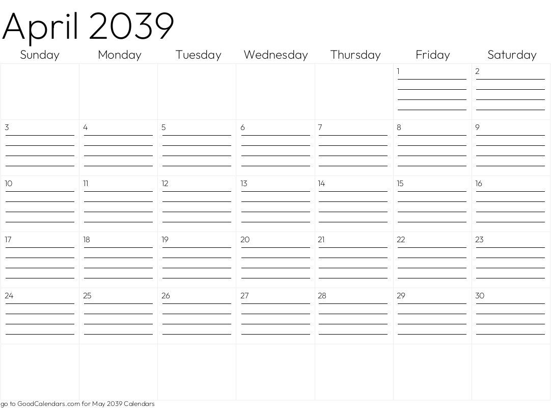 Lined April 2039 Calendar Template in Landscape