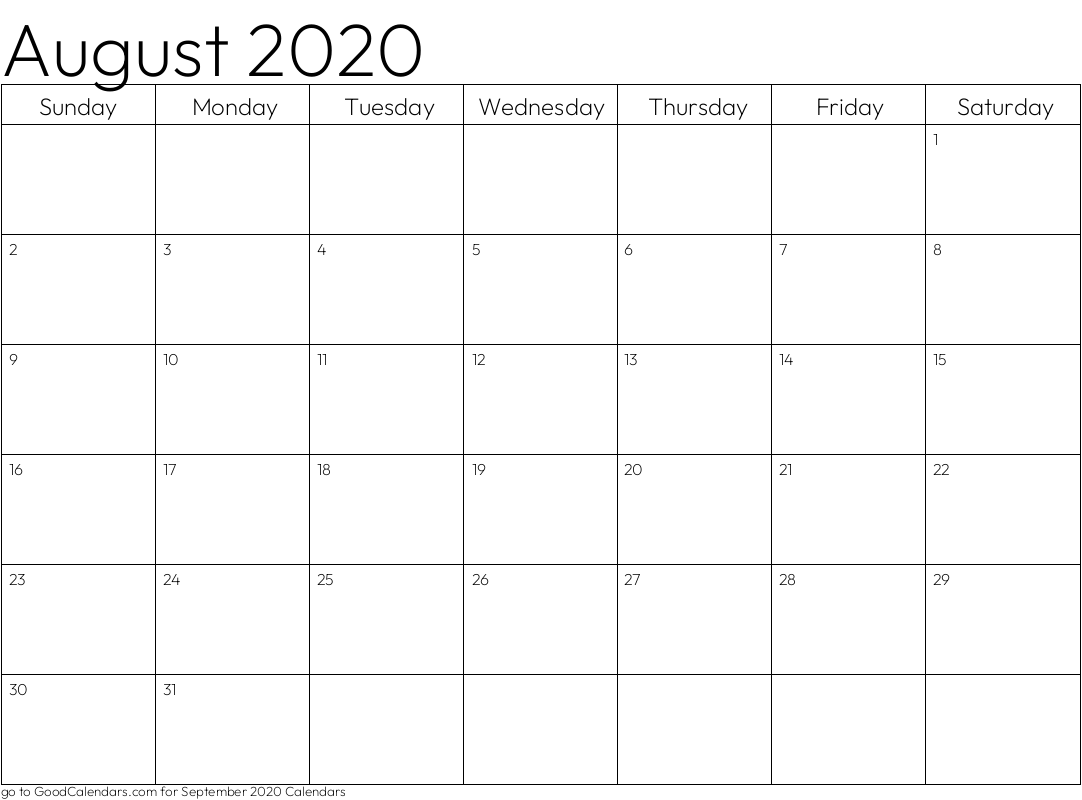 Standard August 2020 Calendar Template in Landscape