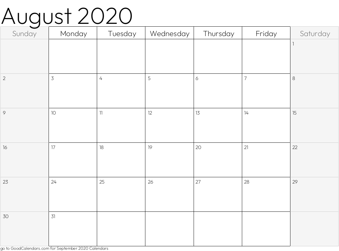 August 2020 Calendar with shaded weekends