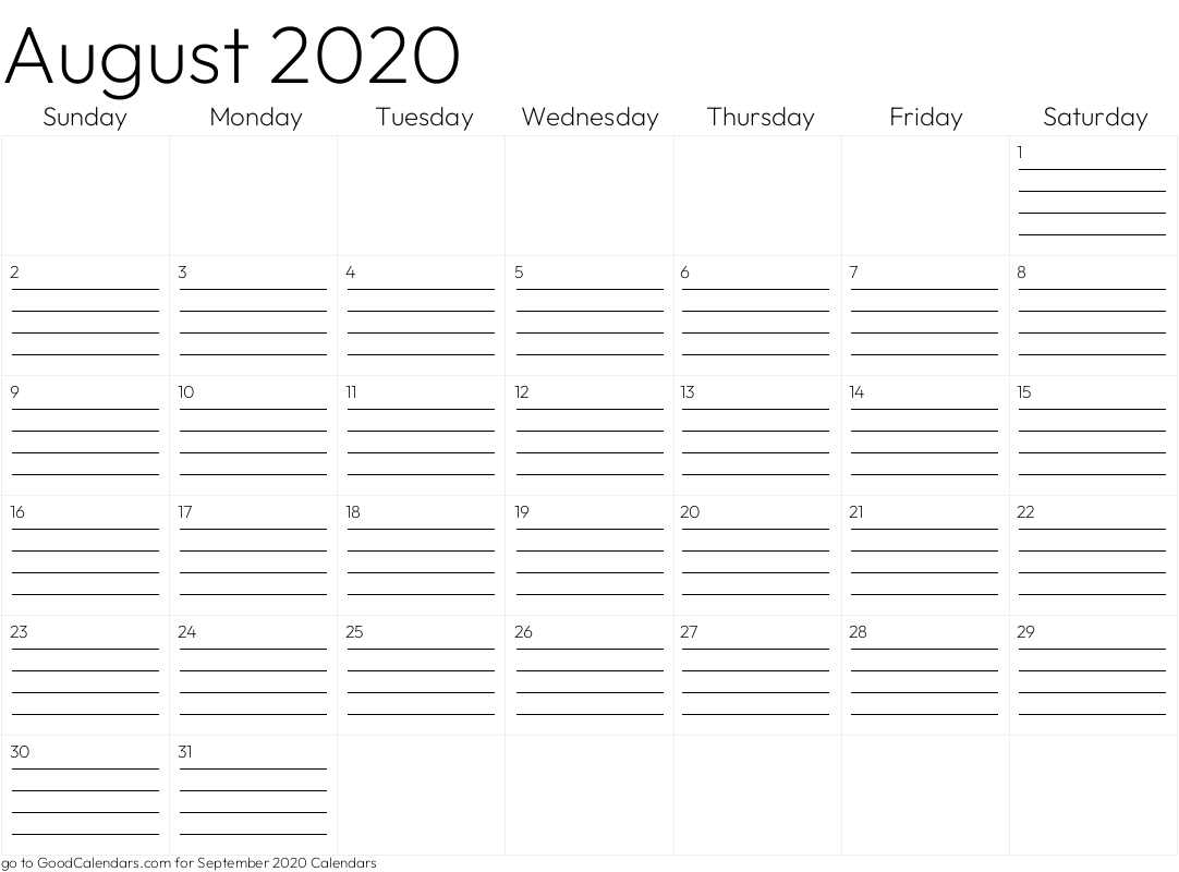 Lined August 2020 Calendar Template in Landscape