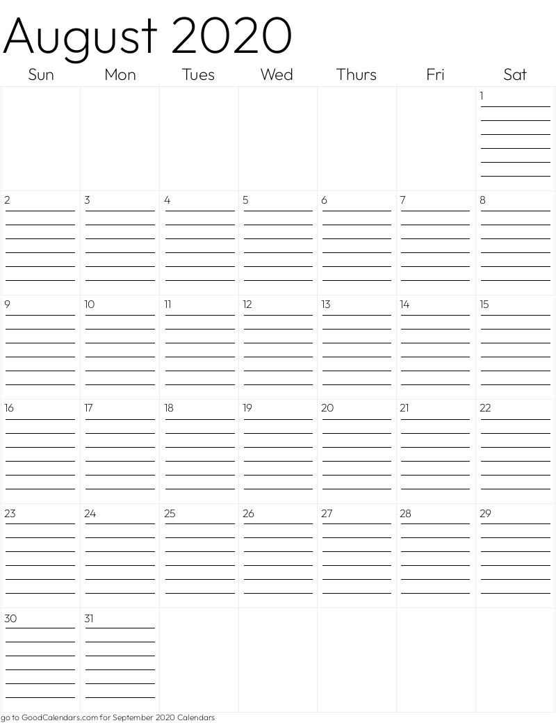 Lined August 2020 Calendar Template in Portrait