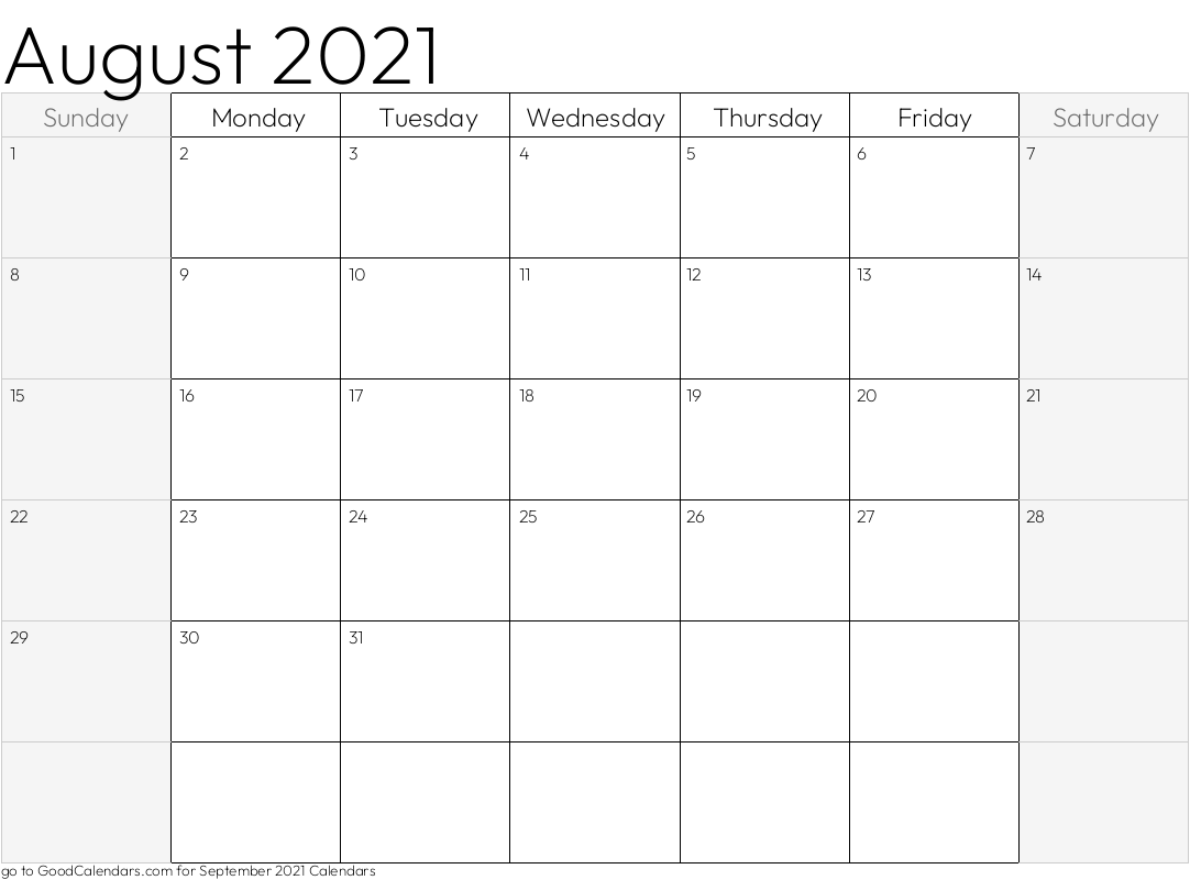 August 2021 Calendar with shaded weekends