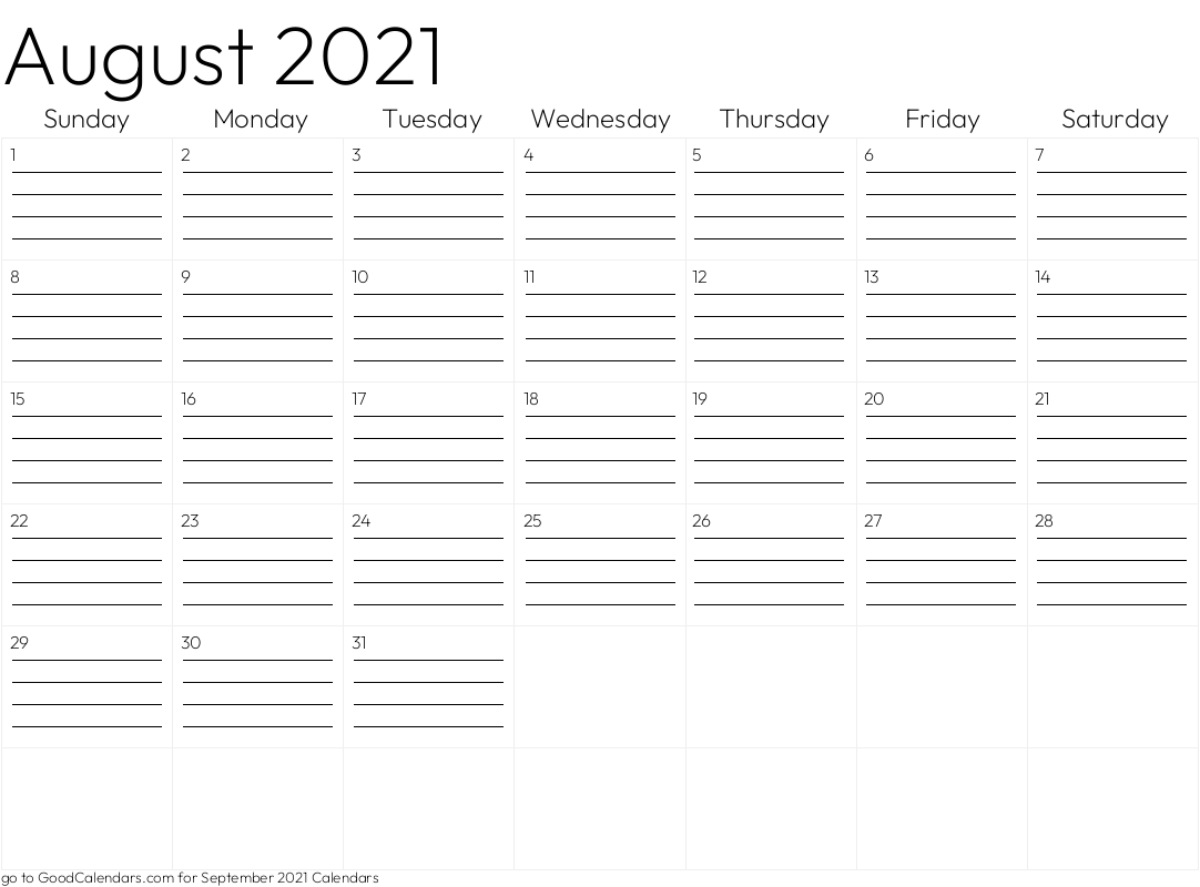 Lined August 2021 Calendar Template in Landscape