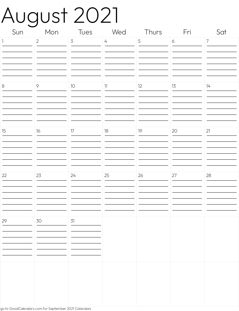 Lined August 2021 Calendar Template in Portrait