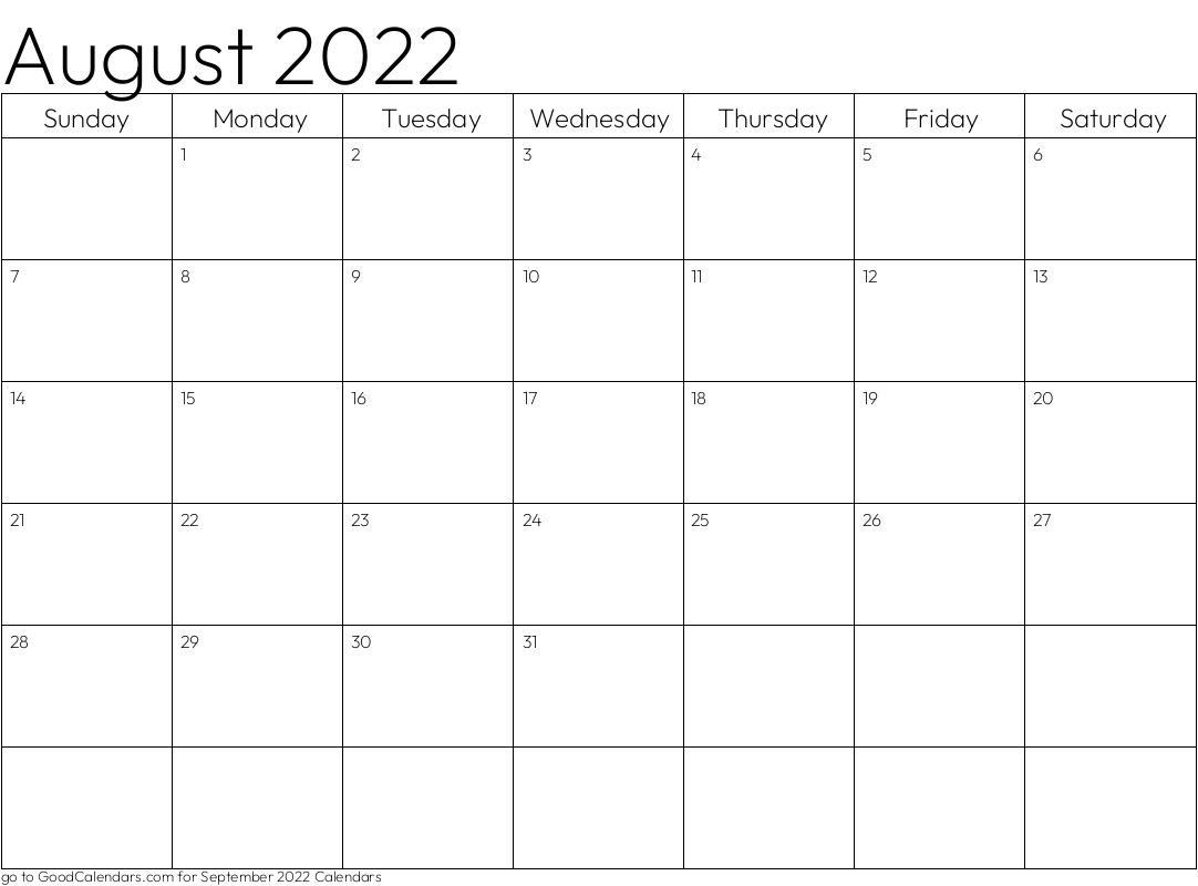Standard August 2022 Calendar Template in Landscape