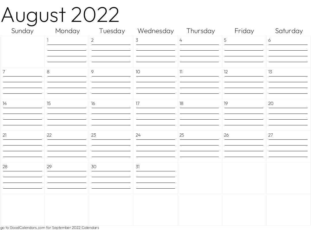 Lined August 2022 Calendar Template in Landscape